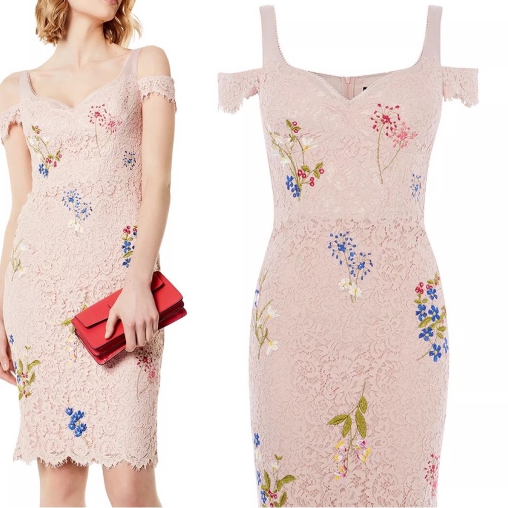 Karen Millen | Floral Lace Dress | Pink | Embroidered Pencil Dress